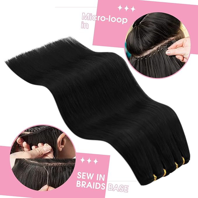 YoungSee 100G Weft Hair Extensions Black Human Hair Weft Extensions Jet Black Sew in Hair Extensions Real Human Hair Black Soft and Silky Weft Hair Extensions Human Hair 14Inch