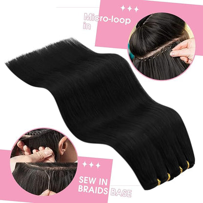 YoungSee 100G Weft Hair Extensions Black Human Hair Weft Extensions Jet Black Sew in Hair Extensions Real Human Hair Black Soft and Silky Weft Hair Extensions Human Hair 14Inch
