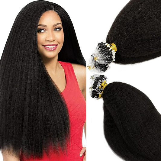 Anrosa Micro Loop Hair Extensions Real Human Hair Kinky Straight Full Head Stick Human Hair Black Women Natural Black Microlinks Hair Extensions Thick End 16 Inch 1g/s 50g
