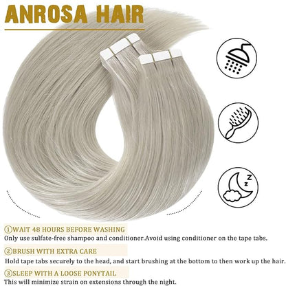 Anrosa Tape in Hair Extensions - Silky Grey Human Hair, Thick End Seamless Invisible for Women - 12 Inch, 50 Gram, 20pcs