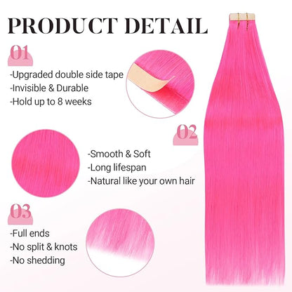 MAXITA Tape in Hair Extensions Human Hair Hot Pink Tape in Extensions 10pcs 30g 22inch Colored Invisible Real Human Hair Extension Soft Straight Wine Red Glue in Hair Extensions