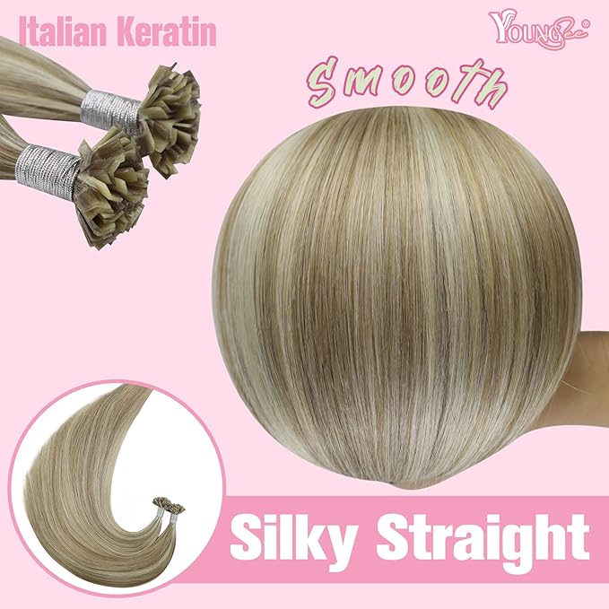 YoungSee K Tip Hair Extensions Human Hair Light Brown Highlight Ktip Human Hair Extensions Light Brown Highlights Blonde Ktip Natural Hair Extensions K Tip Human Hair Extensions for Women 18in 50s/50g