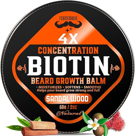 Biotin Beard Growth Balm for Men – Conditioning Balm with Castor, Shea & Jojoba Oils to Condition, Soften & Thicken Facial Hair – Non-Greasy, Sandalwood Scent – 2 oz Grooming Kit
