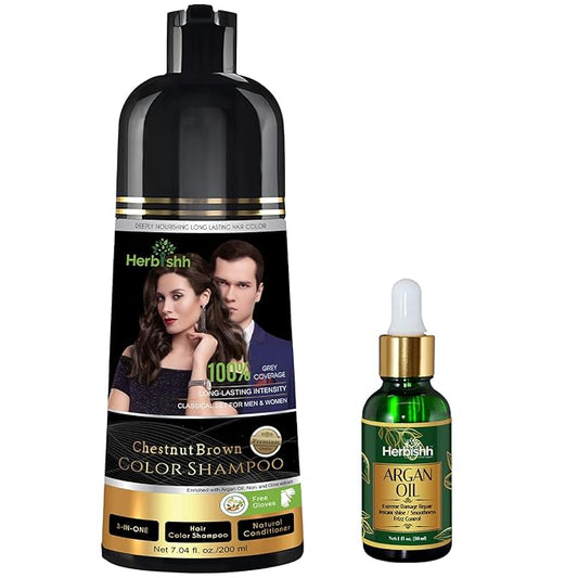 Herbishh Chestnut Brown Hair Dye Shampoo 200ml + Argan Oil 30ml – Grey Coverage & Frizz Control Combo – 3-in-1 Color, Cleanse & Repair