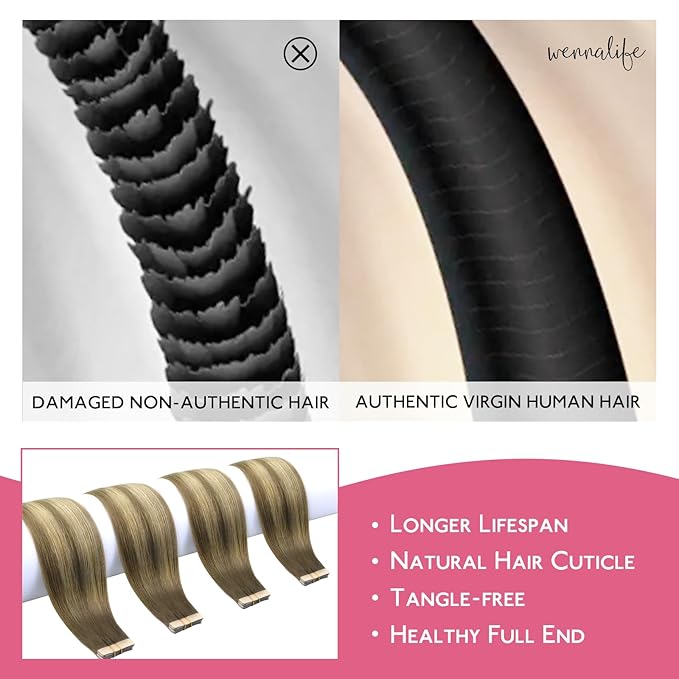 WENNALIFE Tape in Hair Extensions Human Hair Ombre Walnut Brown to Ash Brown and Bleach Blonde Tape in Extensions, 10pcs 30g 26 inch Remy Invisible Tape Ins Straight Real Human Hair Tape in Extensions