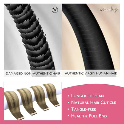 WENNALIFE Tape in Hair Extensions Human Hair Ombre Walnut Brown to Ash Brown and Bleach Blonde Tape in Extensions, 10pcs 30g 26 inch Remy Invisible Tape Ins Straight Real Human Hair Tape in Extensions