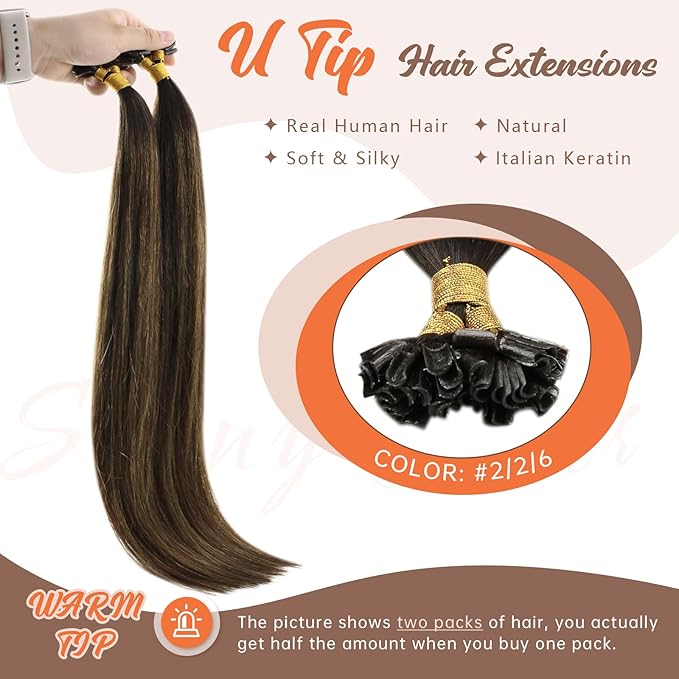 Sunny Hair U Tip Hair Extensions Human Hair for Daily Use Utip Hair Extensions Human Hair Balayage Dark Brown Ktip Human Hair Extensions Show Charm 14inch 50g