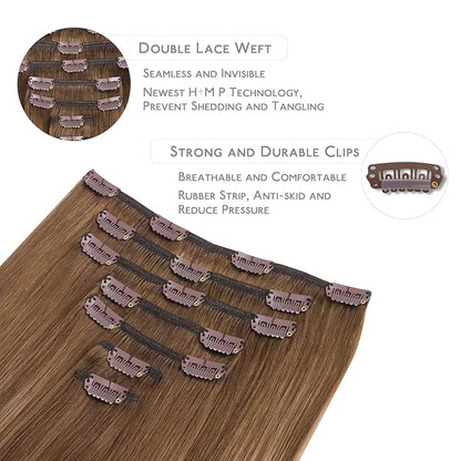 WENNALIFE Clip in Hair Extensions Real Human Hair, 20 Inch 120g 7pcs Human Hair Extensions Clip In Human Hair, Balayage Chestnut Brown Mixed Dirty Blonde Hair Extensions Clip In Real Hair Remy Human