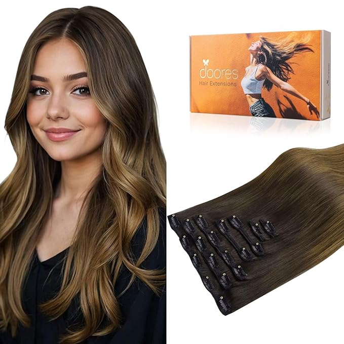 DOORES Hair Extensions Clip in, Chocolate Dip Color Melt 14 Inch 7pcs 100g, Silky Clip in Human Hair Extensions Real Natural Straight Weft