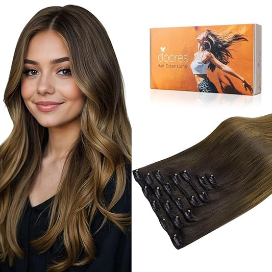 DOORES Hair Extensions Clip in, Chocolate Dip Color Melt 14 Inch 7pcs 100g, Silky Clip in Human Hair Extensions Real Natural Straight Weft