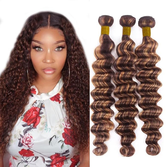 P1B/30 Human Hair Bundles Highlight Deep Wave Bundles 12 14 16 Inch Unprocessed Brazilian Virgin Remy Hair Extensions Silky Soft Ombre Light Brown Hair Weave