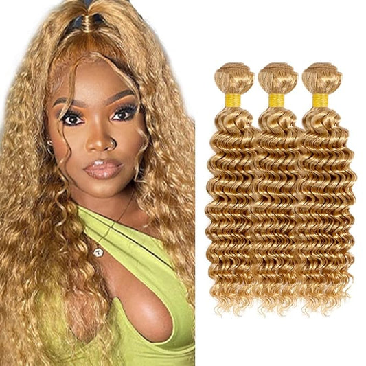 #27 Blonde Bundles Human Hair Deep Wave Bundles 22 24 26 Inch Unprocessed Brazilian Virgin Hair Weave 3 Bundles 50 Grams Per Bundle Honey Blonde Human Hair Extensions