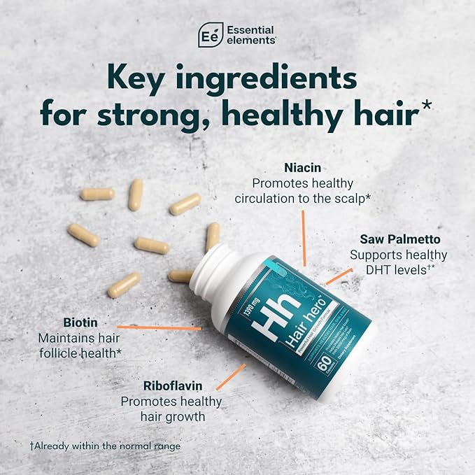 Essential Elements Hair Hero - Broad-Spectrum Hair Formula - Healthy Hair, Skin, and Nails - 5000 mcg Biotin 30 Day Supply (2-Pack)