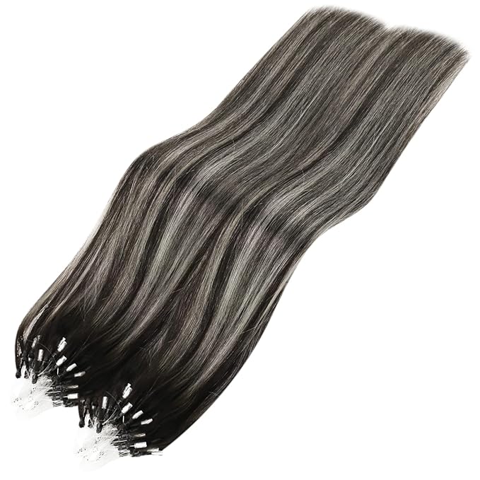YoungSee Micro Link Hair Extensions Human Hair Ombre Bead Hair Extensions Real Human Hair Ombre Black to Silver Micro Human Hair Extension Soft 18In 50g 50s