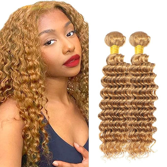 #27 Blonde Bundles Human Hair Deep Wave Bundles 24 26 28 Inch Unprocessed Brazilian Virgin Hair Weave 3 Bundles 50 Grams Per Bundle Honey Blonde Human Hair Extensions