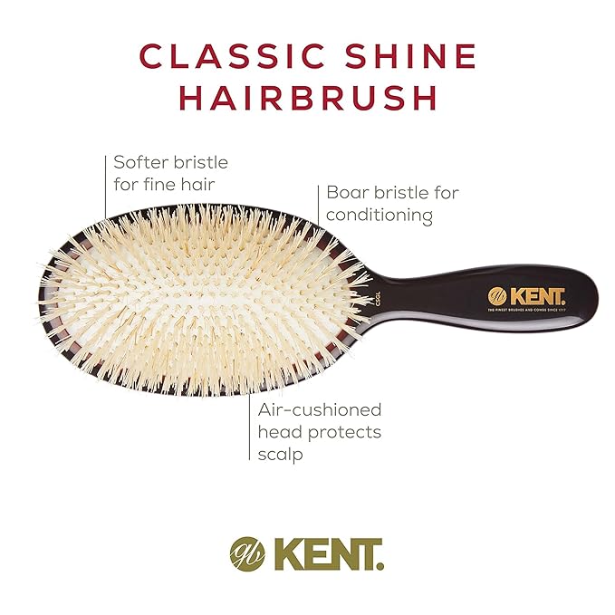 Kent CSGL 9" Large Oval Cushion Straightening Brush and Scalp Brush – Natural White Boar Bristles Hair Brush for Fine or Thinning Hair – Large Cushion Shine & Smoothing (+ Hair Brush Cleaner)