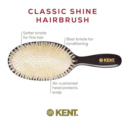 Kent CSGL 9" Large Oval Cushion Straightening Brush and Scalp Brush – Natural White Boar Bristles Hair Brush for Fine or Thinning Hair – Large Cushion Shine & Smoothing (+ Hair Brush Cleaner)