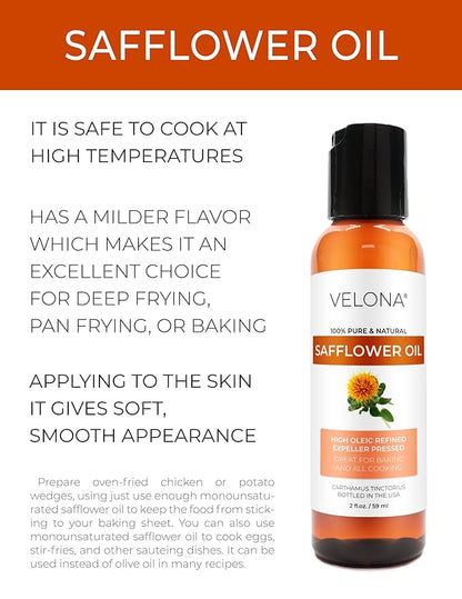 Safflower Oil by Velona - 2 fl oz | 100% Pure and Natural Carrier Oil | Refined, Expeller Pressed | Cooking, Skin, Hair, Body & Face Moisturizing | Use Today - Enjoy Results