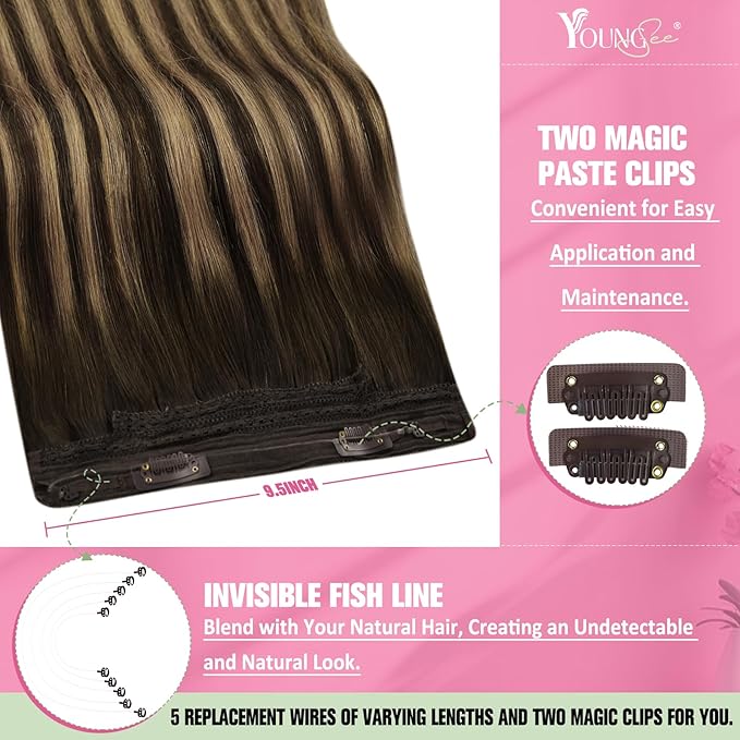 YoungSee Wire Human Hair Extensions Balayage Real Hair Wire Extensions Invisible Fish Wire Hair Extensions Balayage Chocolate Brown Mix Caramel Blonde Balayage Softness Hair Extensions 16Inch 80G