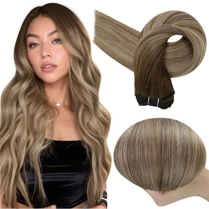 Full Shine Weft Hair Extensions Human Hair #3/8/22 Balayage Sew In Hair Extensions Color Dark Brown To Light Brown Mix Light Blonde Human Hair Extensions Remy Straight Hair 12 Inch