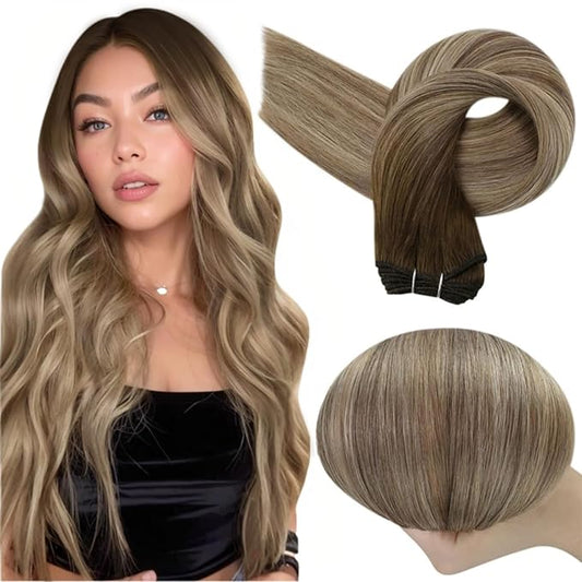 Full Shine Weft Hair Extensions Human Hair #3/8/22 Balayage Sew In Hair Extensions Color Dark Brown To Light Brown Mix Light Blonde Human Hair Extensions Remy Straight Hair 12 Inch