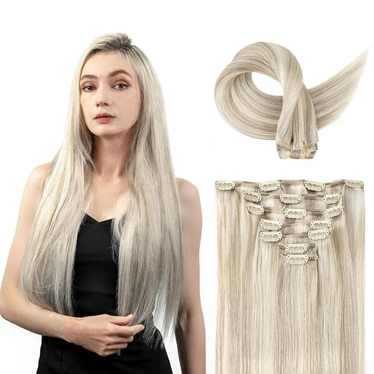 Clip in Hair Extensions Real Human Hair, Remy Hair Extensions Clip In Human Hair Thick and Silky, Ash Blonde Highlighted Platinum Blonde #P17A/60A 18Inch 120G 7PCS