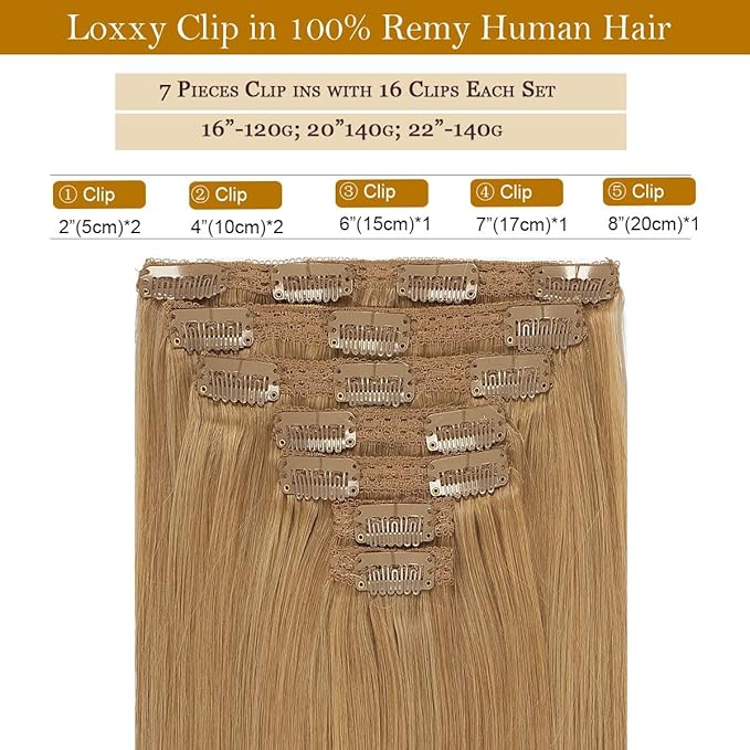 Loxxy Blonde Hair Extensions Clip in Extensions Remy Human Hair Strawberry Blonde Double Weft Real Human Hair Thick Silky Straight #27 Clip in Extensions Full Head 16 Inch 120g