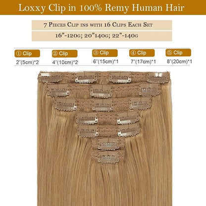 Loxxy Blonde Hair Extensions Clip in Extensions Remy Human Hair Strawberry Blonde Double Weft Real Human Hair Thick Silky Straight #27 Clip in Extensions Full Head 16 Inch 120g