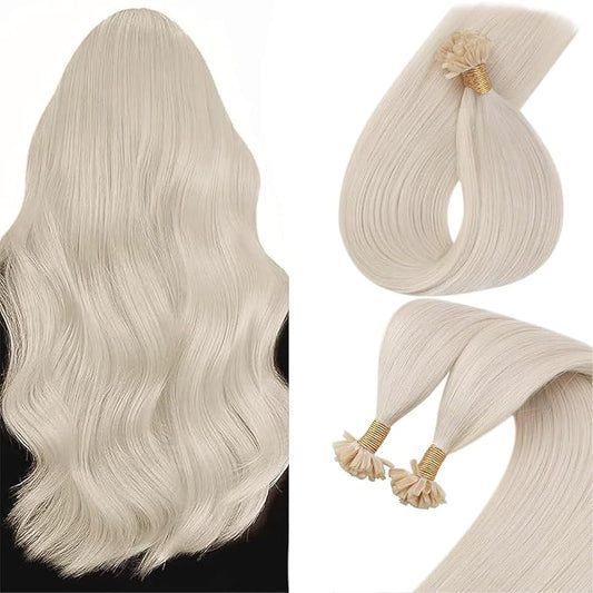 Sunny Hair White Color U tip Hair Extensions Human Hair 24inch U Tip Hair Extensions Human Hair Platinum Blonde Ktips Human Hair Extensions Add Hair Length 50g