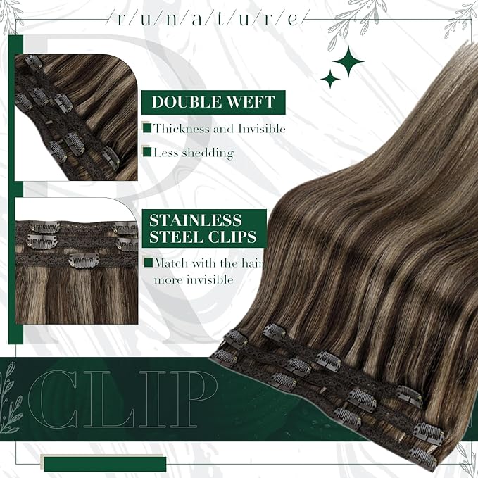 RUNATURE Clip in Hair Extensions Real Human Hair, Brown Clip in Extensions with Highlights, Remy Naural Hair for Women Silky Straight 10 Inch 50g 3pcs #2P8A Dark Brown Mix Light Brown