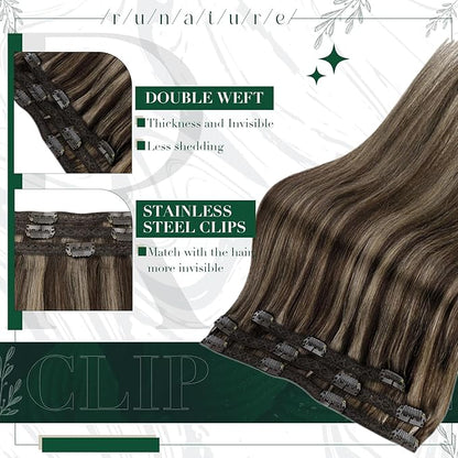 RUNATURE Clip in Hair Extensions Real Human Hair, Brown Clip in Extensions with Highlights, Remy Naural Hair for Women Silky Straight 10 Inch 50g 3pcs #2P8A Dark Brown Mix Light Brown