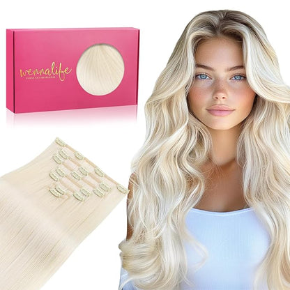 WENNALIFE Clip in Hair Extensions, 20 Inch 120g 7pcs Real Human Hair, White Blonde Remy Hair Extensions Clip Ins Double Weft