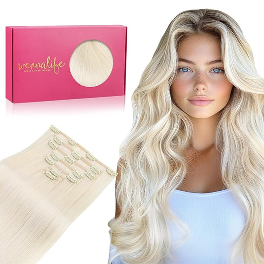 WENNALIFE Clip in Hair Extensions, 20 Inch 120g 7pcs Real Human Hair, White Blonde Remy Hair Extensions Clip Ins Double Weft
