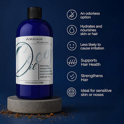 Cocojojo Deodorized Argan Oil for Hair Treatment Oils, Pure Argan Oil for Face, Unrefined Unscented Cold Pressed Extra Virgin - 32 Oz (Pack of 1) - Packaging May Vary