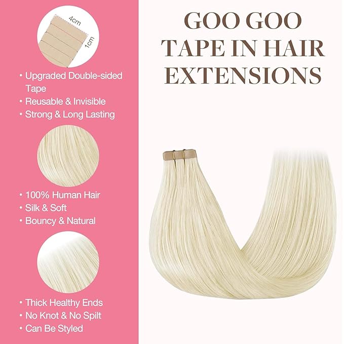 GOO GOO Tape in Hair Extensions Human Hair, 1000 Pure Platinum Blonde, 22inch 50g 20pcs, Skin Weft Seamless Invisible, Silky Straight with Thick Ends, Remy Human Hair