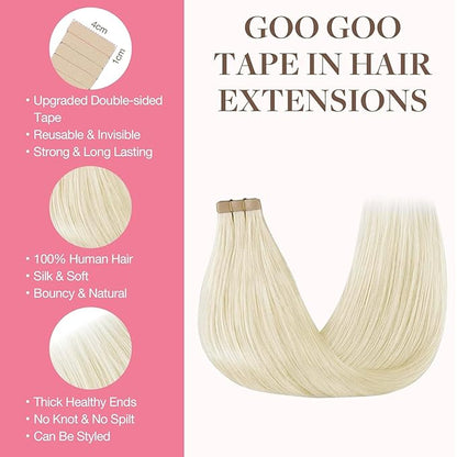 GOO GOO Tape in Hair Extensions Human Hair, 1000 Pure Platinum Blonde, 22inch 50g 20pcs, Skin Weft Seamless Invisible, Silky Straight with Thick Ends, Remy Human Hair