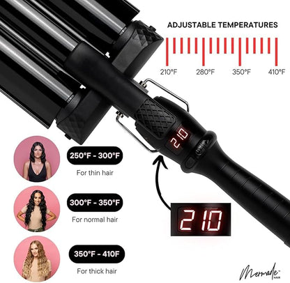 Mermade PRO Hair Waver 1.25" - 3 Barrel Curling Iron 1 1/4 Inch, Ceramic Barrel Waver for Thick, Thin, Long, or Short Hair - 1.25", Black