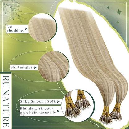 RUNATURE Nano Ring Hair Extensions Blonde Highlight Nano Bead Hair Extensions Human Hair 18 Inch Nano Tip Hair Extension Real Human Hair Ash Brown Highlight Platinum Blonde Soft Silky 50g 50s