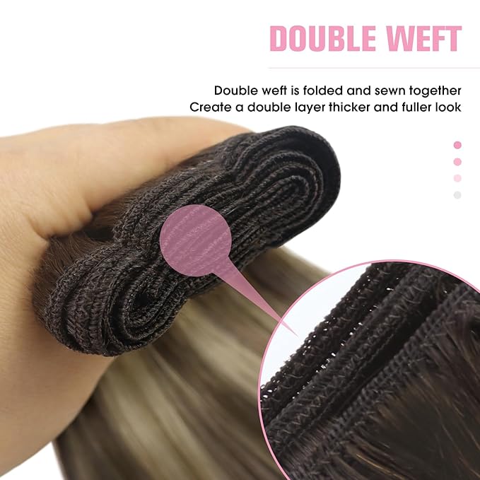 YoungSee Sew Hair Extensions Balayage Weft Real Hair Chocolate Brown with Ash Blonde Balayage Weft for a Stunning and Natural-Looking Hairstyle 24Inch 100G