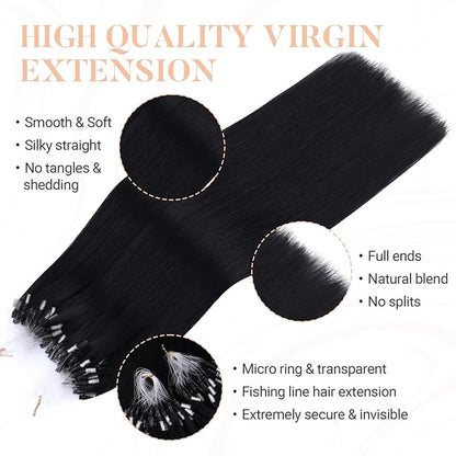 MAXITA Microlink Hair Extensions Human Hair, Jet Black Micro Bead Hair Extensions Virgin Human Hair, 50g/50 Strands/Pack, 14 In