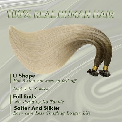 RUNATURE U Tip Hair Extensions Real Human Hair Ombre Ash Brown Fading to Platinum Blonde 12 Inch Short Hot Fusion Hair Extensions Straight Keratin U Tip Human Hair Extensions Silky 40g 50s