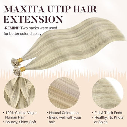 MAXITA U Tip Hair Extensions Human Hair, Ash Blonde Highlighted Platinum Blonde Hair Extensions Real Human Hair, 50g/50 Strands/Pack, 18 In Virgin Human Hair