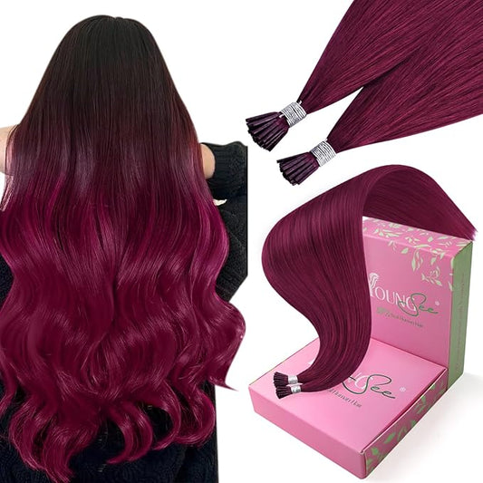 YoungSee Itip Human Hair Extensions Magenta I Tips Hair Extensions Real Human Hair Red 22 Inch Tip Hair Extensions Colored 25g Red Itip Hair Extensions for Party Highlights 25s Remy Hair Extensions