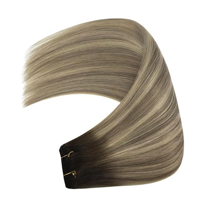 YoungSee Weft Hair Extensions Human Hair Brown Ombre Sew in Extensions Human Hair Dark Brown Ombre Light Brown with Blonde Weft Hair Extensions Real Human Hair 16Inch 100G