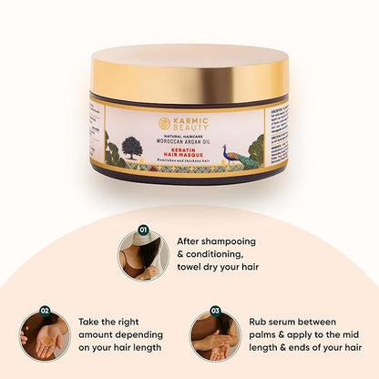 100% Organic Moroccan Argan Oil & Natural Keratin Masque | For Dry, Damaged & Color Treated Hair | Cold Prerssed Oils for Deep Nourishment | Sulfates, Parabens & Cruelty Free | 7 oz