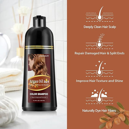 Coffee Hair Dye Shampoo with Argan Oil - 3 in 1 Semi-Permanent Brown Coloring for Men & Women, Easy to Use, 16.9 Fl oz