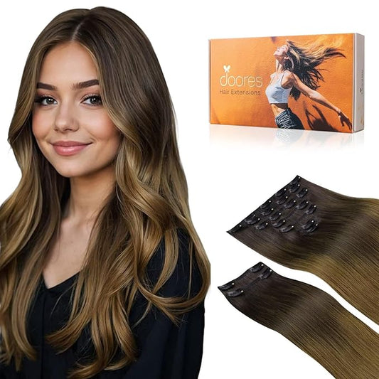 DOORES Human Hair Clip in Extensions, Chocolate Dip Color Melt 16 Inch 150g 9pcs, Remy Clip in Hair Extensions Clip in Extensions Human Hair for Women Natural Extensions Clip in Thick Silky Straight