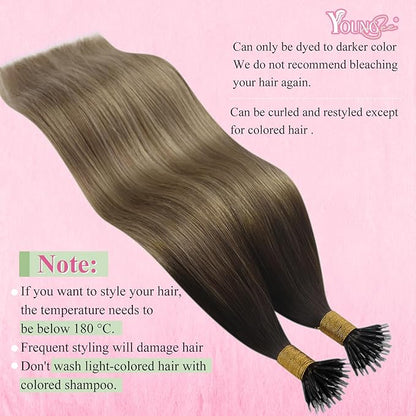 YoungSee Nano Tips Hair Extensions Brown Nano Beads Hair Extensions Real Human Hair Balayage Dark Brown with Blonde Hair Extensions Nano Rings Brown Nano Hair Extension Rings Cold Fusion 50s 50g 20in