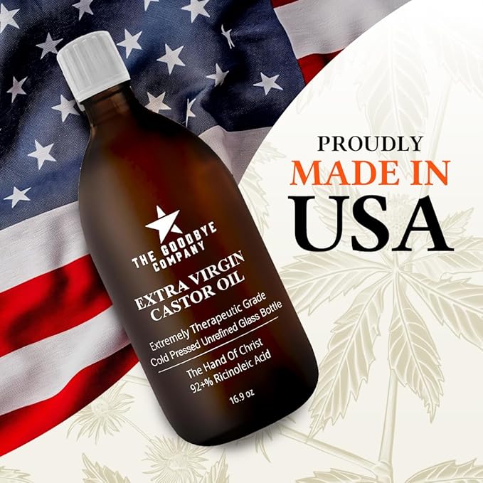 The Goodbye Company Castor Oil USDA Certified Organic Glass Bottle Pure Cold-Pressed(500 mL)100%Natural Virgin Castor Oil Unrefined Moisturise Skin Hair Growth Eyelashes,Hexane&BPA Free 16.90 Ounces