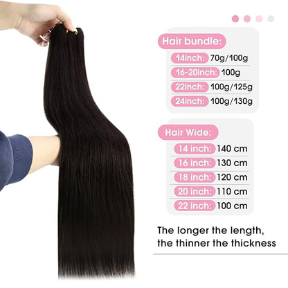 YoungSee 130G Sew in Hair Extensions Human Hair Dark Brown Weft Remy Hair Extensions Darkest Brown Sew in Long Hair Bundle for Normal Occasion 24 Inch